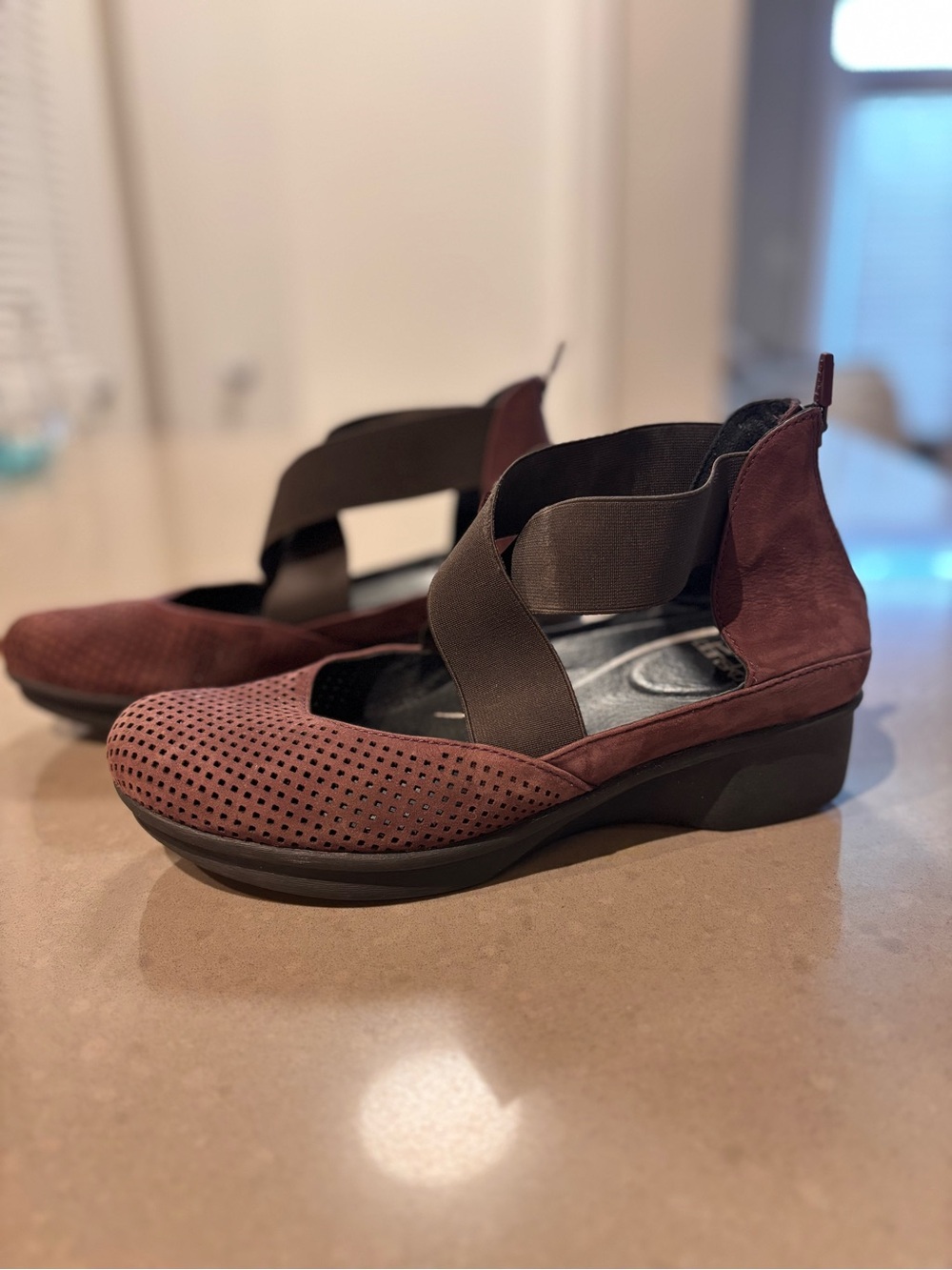 Danskin Burgundy Perforated Mary Jane Flats with Elastic Cross Straps